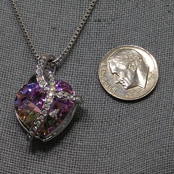 Crystal Pink Heart Pendant Necklace, Chain 18", AB Rhinestones, 18KGP, 18 Inch - Picture 4 of 8